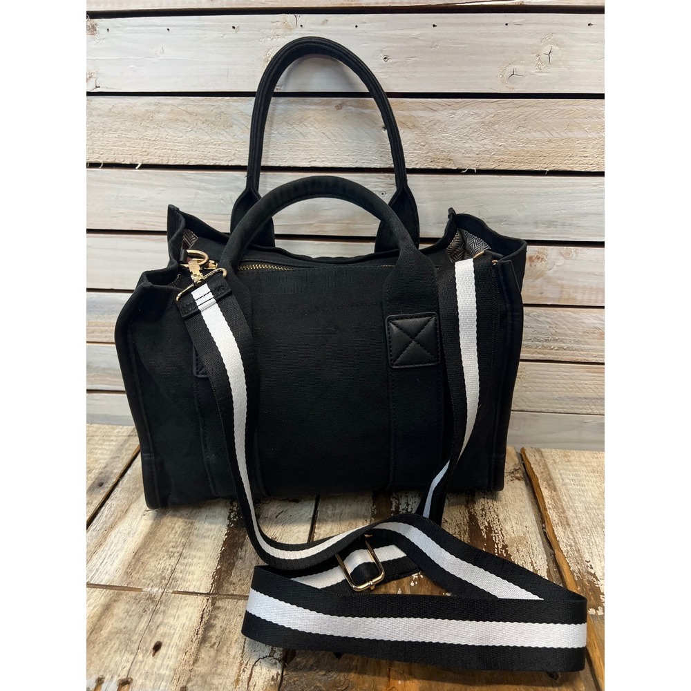 Black Cotton Canvas Tote Bag Striped Guitar Strap Utility Satchel Chevron Lining